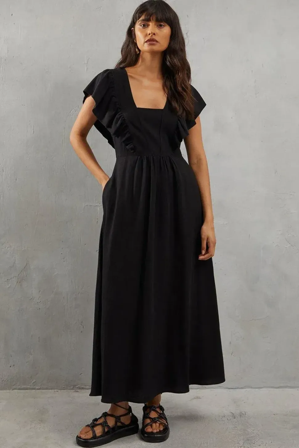 Linen Frill Neck Plunge Neck Midi Dress