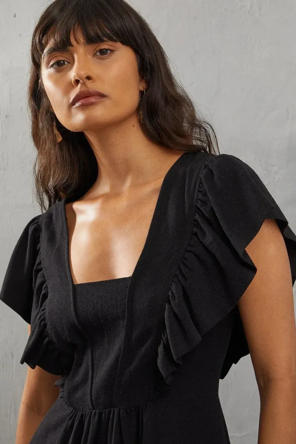 Linen Frill Neck Plunge Neck Midi Dress
