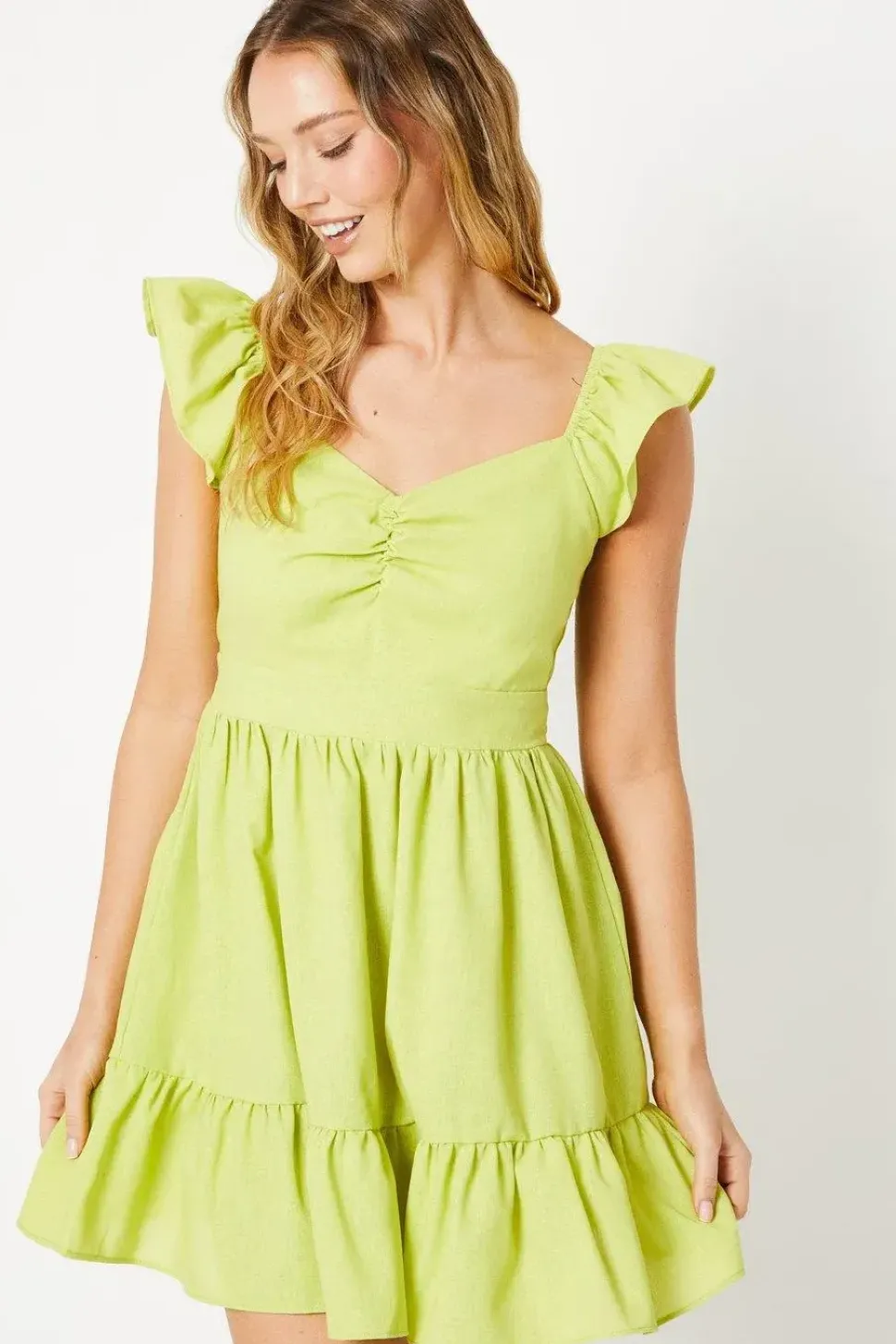 Linen Frill Shoulder Gathered Bust Mini Dress