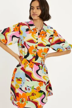 Linen Mix Floral Puff Sleeve Mini Shirt Dress