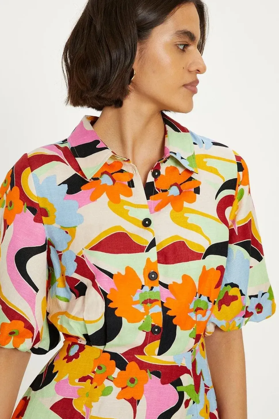 Linen Mix Floral Puff Sleeve Mini Shirt Dress