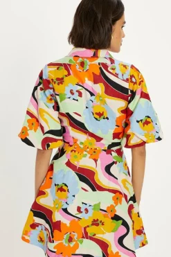 Linen Mix Floral Puff Sleeve Mini Shirt Dress