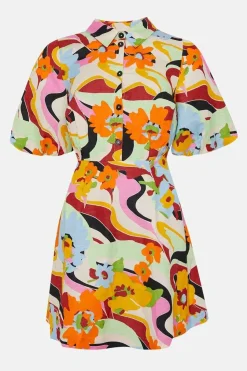 Linen Mix Floral Puff Sleeve Mini Shirt Dress