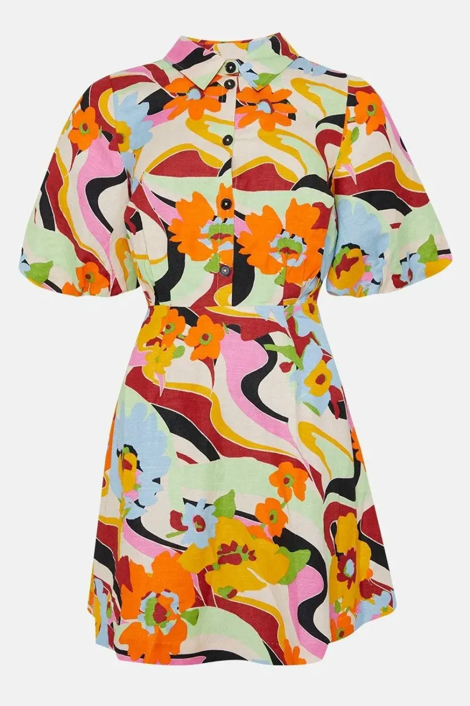 Linen Mix Floral Puff Sleeve Mini Shirt Dress