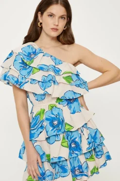 Linen Mix One Shoulder Ruffle Tiered Floral Mini Dress