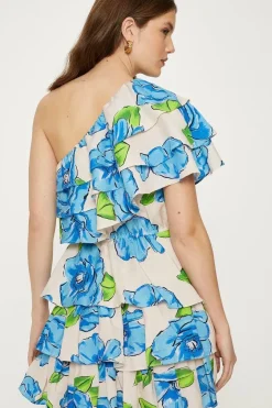 Linen Mix One Shoulder Ruffle Tiered Floral Mini Dress