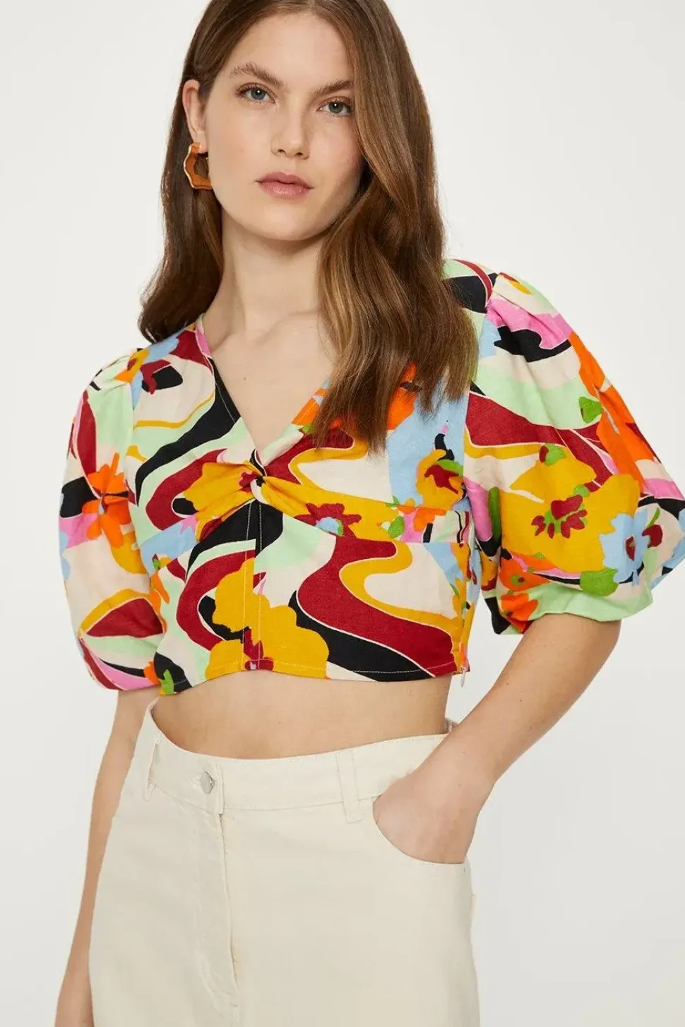 Linen Mix Puff Sleeve Twist Front Floral Top
