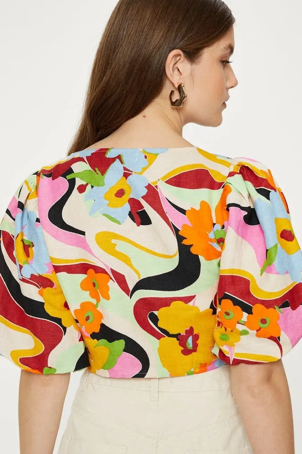 Linen Mix Puff Sleeve Twist Front Floral Top