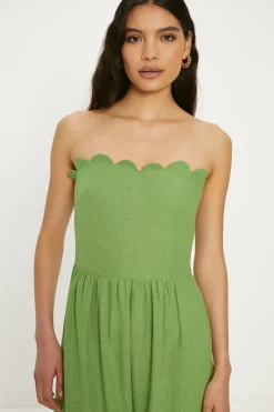 Linen Mix Scallop Detail Midi Dress