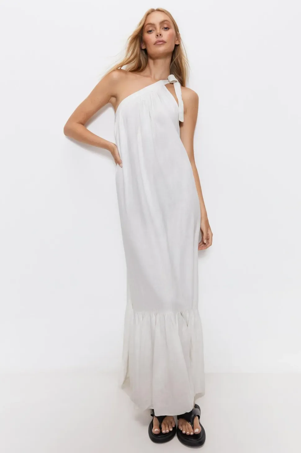 Linen One Shoulder Tiered Maxi Dress