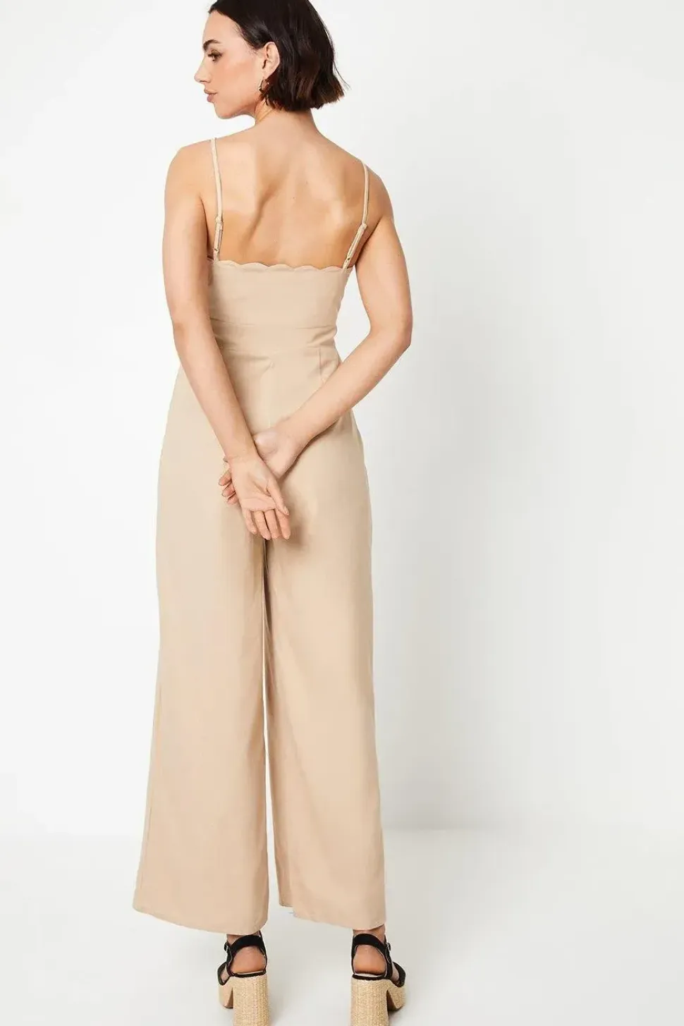 Linen Scallop Edge Button Down Strappy Jumpsuit