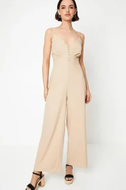 Linen Scallop Edge Button Down Strappy Jumpsuit