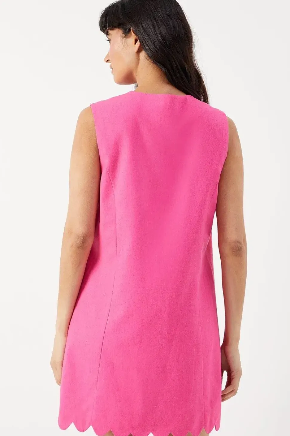 Linen Sleeveless Scallop Hem Button Mini Dress
