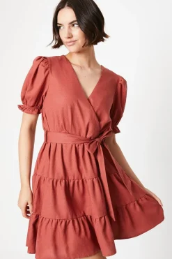 Linen Tiered Wrap Mini Dress