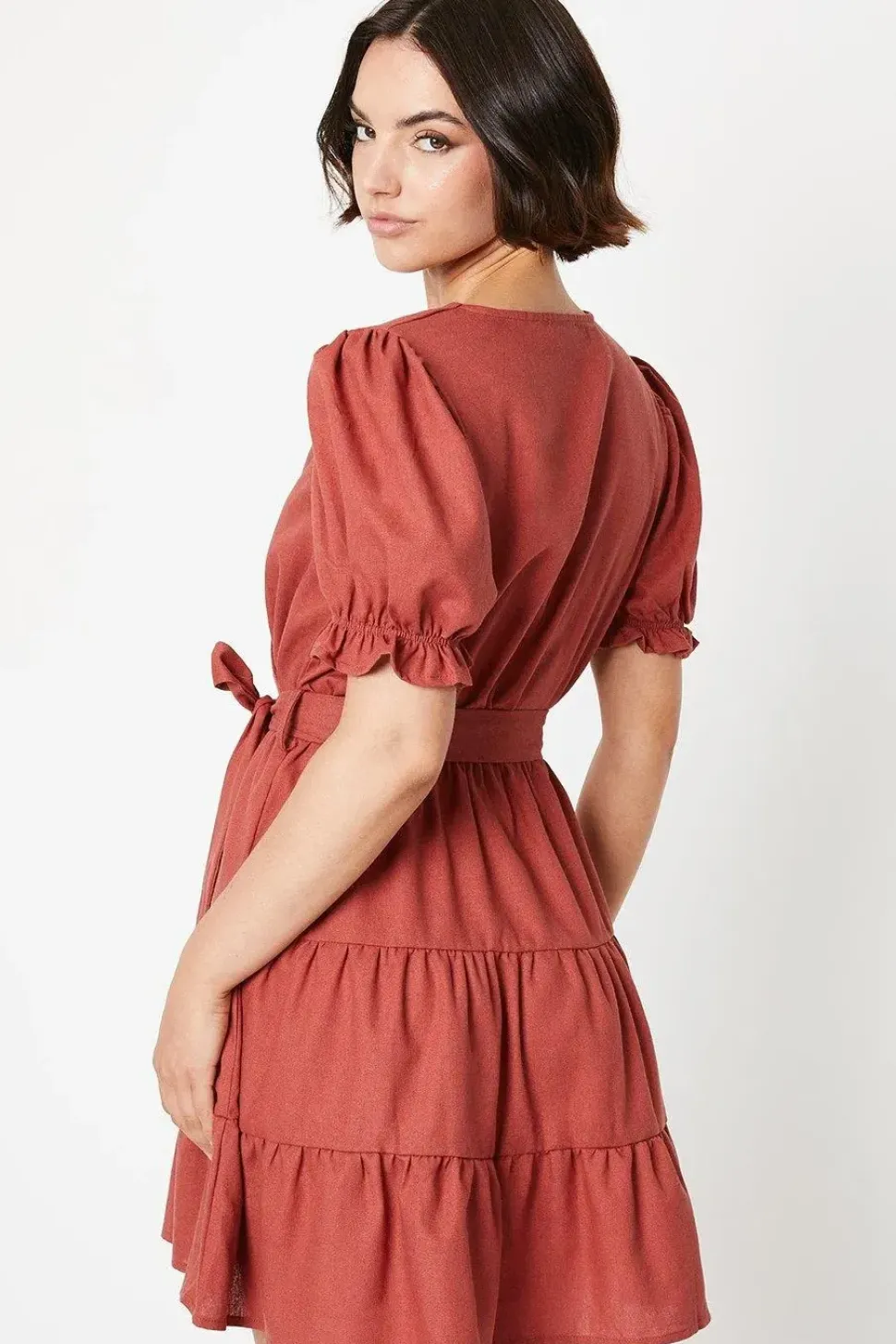 Linen Tiered Wrap Mini Dress