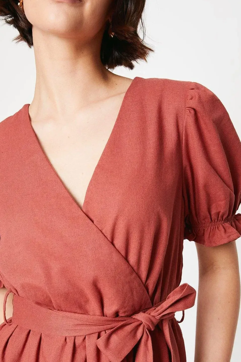 Linen Tiered Wrap Mini Dress