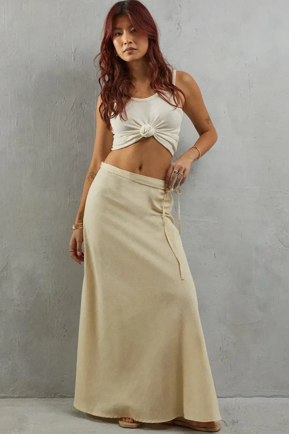 Linen Tie Side Maxi Skirt