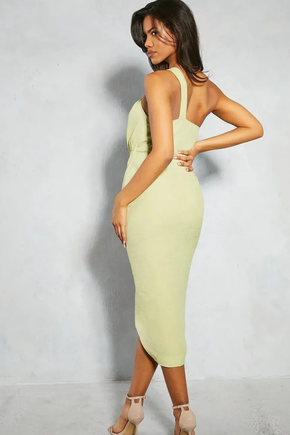 Linen Twist Asymmetric Neckline Ruched Midi Dress