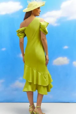 Lisa Tan Bardot Detail Ruffle Skirt Crepe Midi Dress
