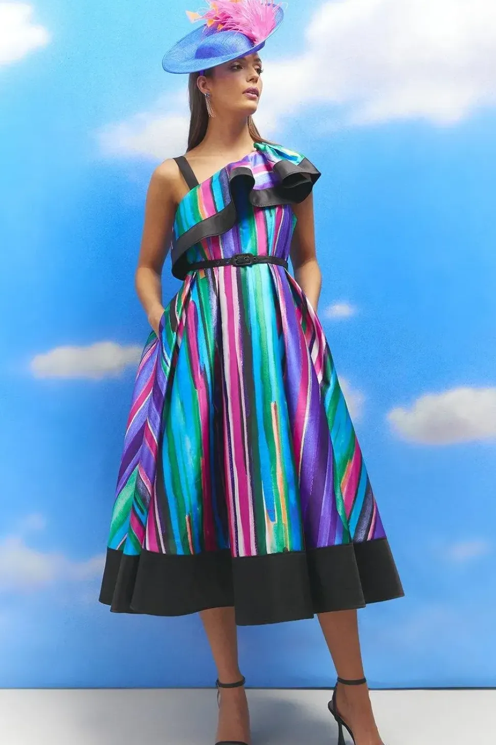 Lisa Tan Geo Stripe Ruffle Shoulder Midi Dress