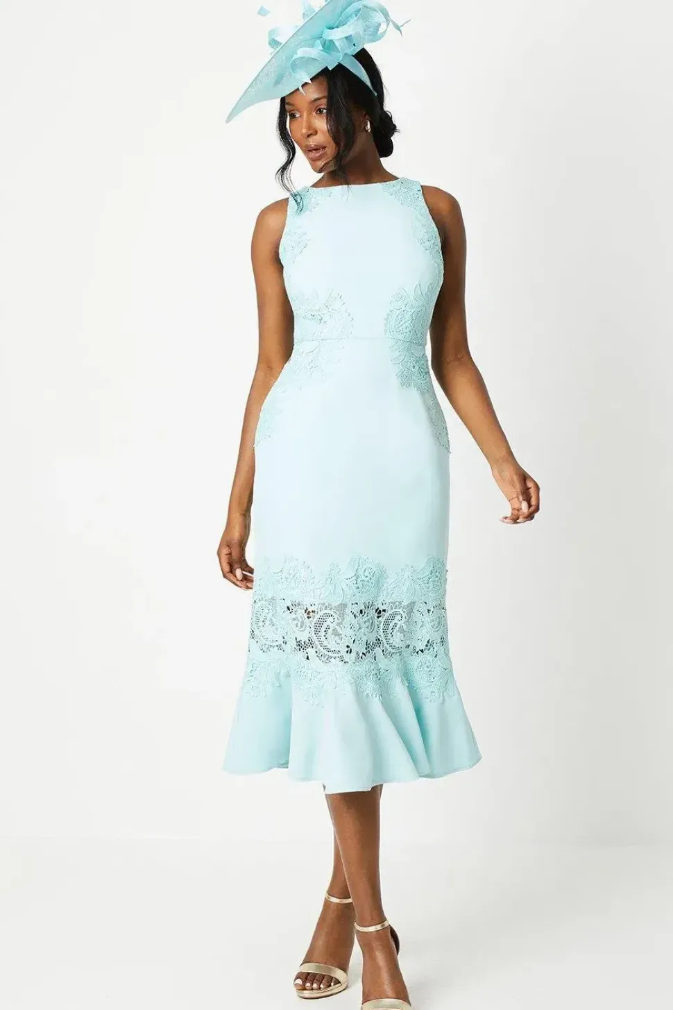 Lisa Tan Lace Mix Flute Hem Midi Dress
