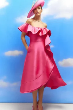 Lisa Tan Off Shoulder Ruffle Twill Midi Dress