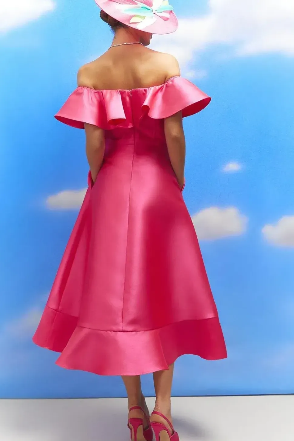 Lisa Tan Off Shoulder Ruffle Twill Midi Dress