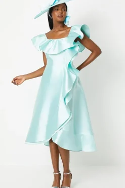 Lisa Tan Off Shoulder Ruffle Twill Midi Dress