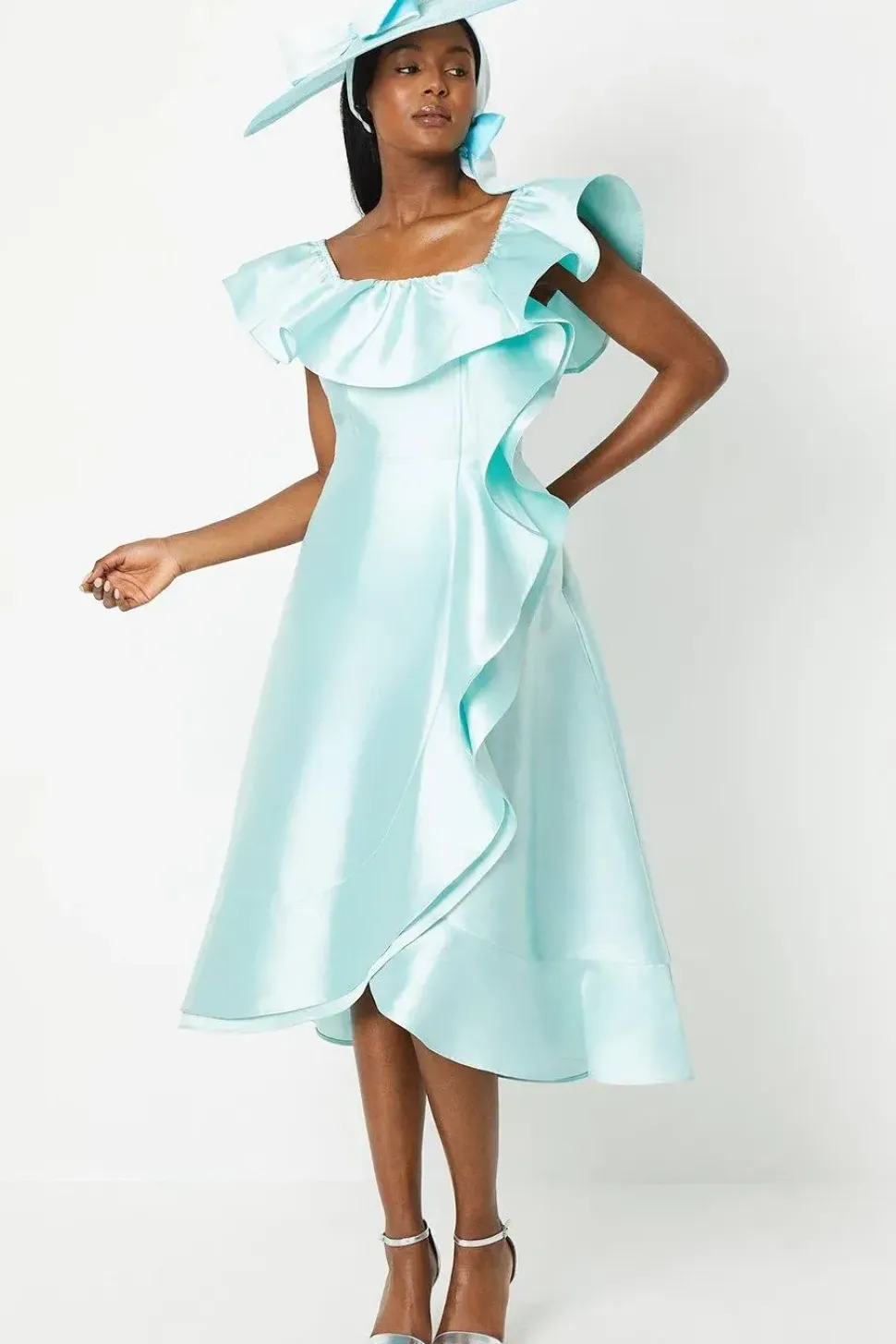 Lisa Tan Off Shoulder Ruffle Twill Midi Dress