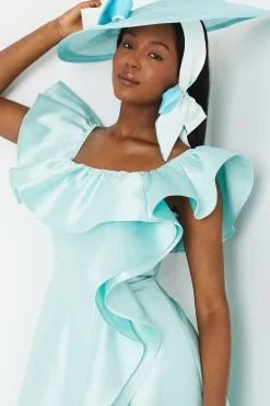 Lisa Tan Off Shoulder Ruffle Twill Midi Dress