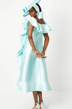 Lisa Tan Off Shoulder Ruffle Twill Midi Dress