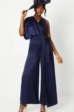 Lisa Tan Overlay Wrap Satin Jumpsuit
