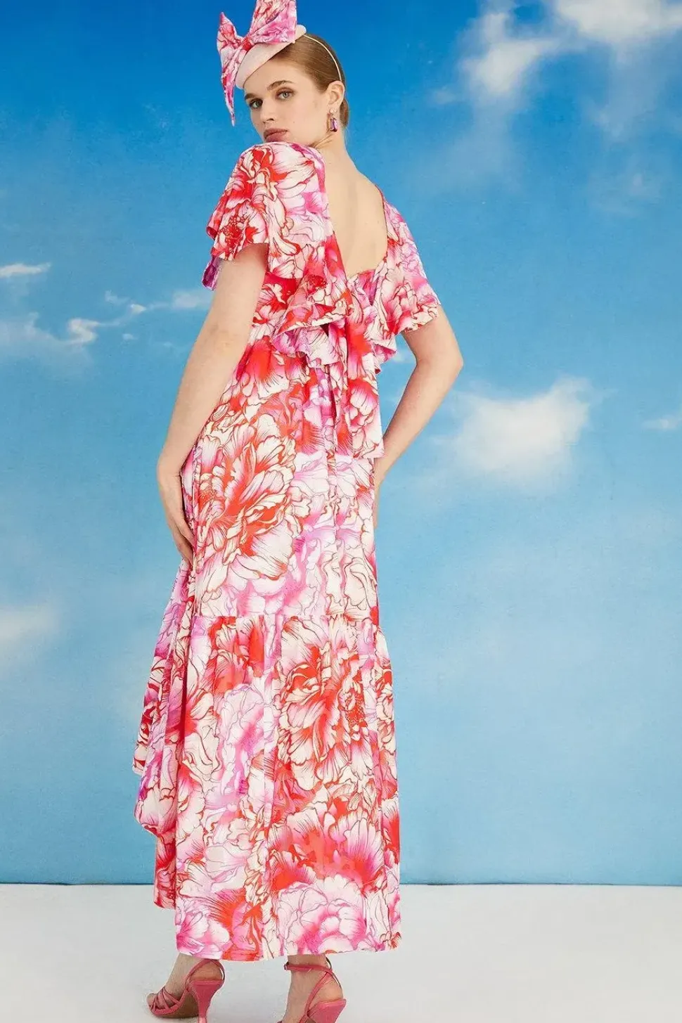 Lisa Tan Printed Ruffle Sleeve Midi Dress
