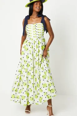 Lisa Tan Spot Print Balloon Hem Tie Shoulder Maxi Dress