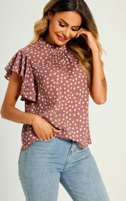 Little Flora Print Frill Angle Sleeve High Neck Top/Blouse In Brown