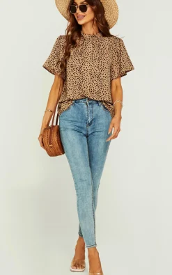 Little Heart Print Angle Sleeve High Neck Top/Blouse In Beige