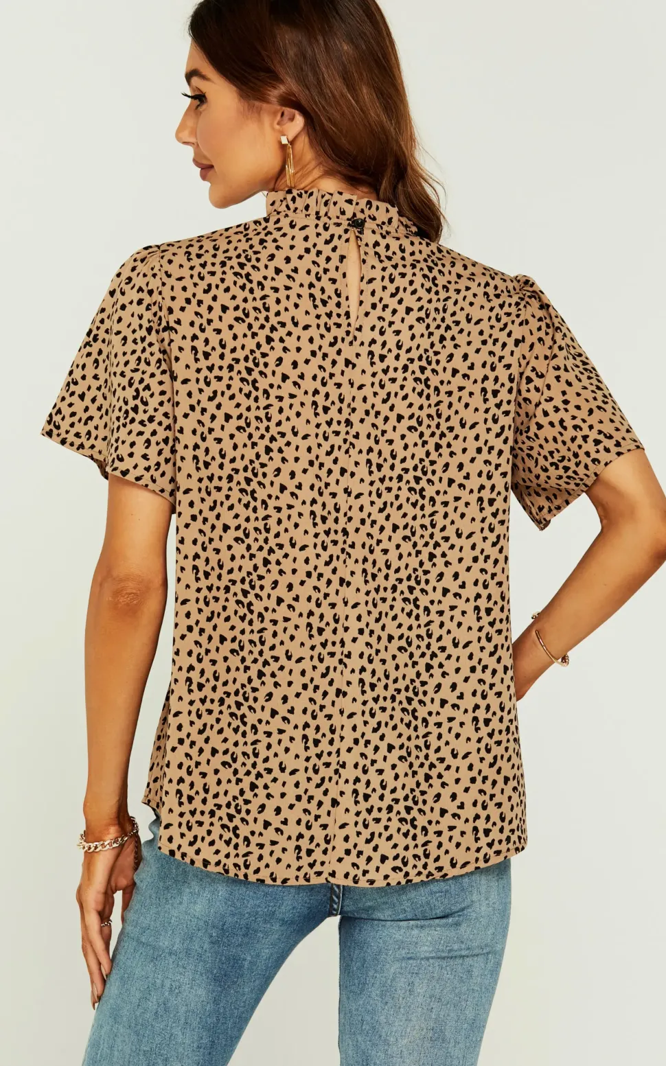 Little Heart Print Angle Sleeve High Neck Top/Blouse In Beige