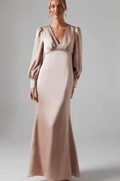Long Blouson Sleeve V Neck Satin Bridesmaid Dress