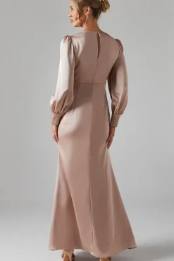 Long Blouson Sleeve V Neck Satin Bridesmaid Dress