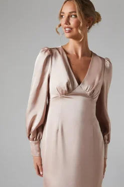 Long Blouson Sleeve V Neck Satin Bridesmaid Dress