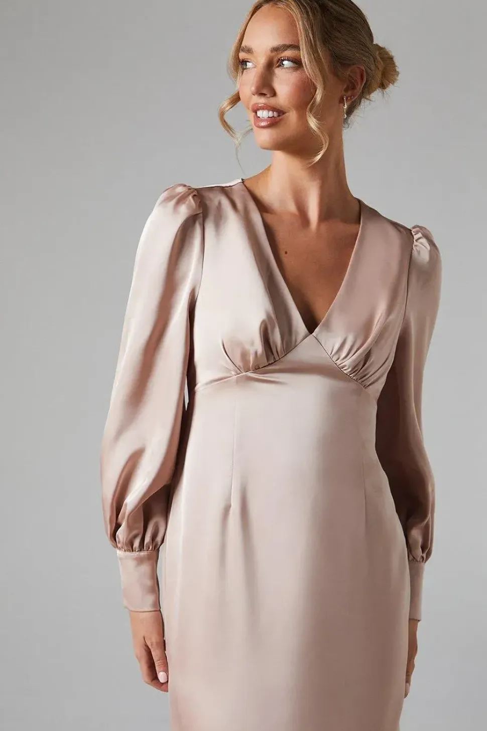 Long Blouson Sleeve V Neck Satin Bridesmaid Dress