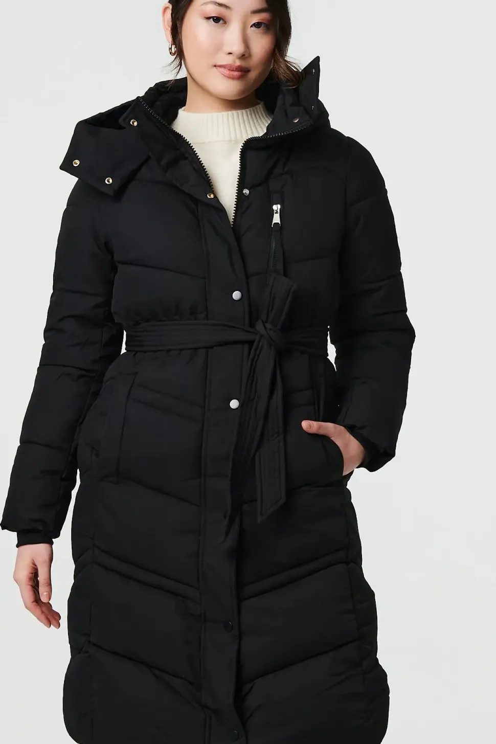 Longline Padded Tie Waist Hooded Coat