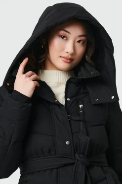 Longline Padded Tie Waist Hooded Coat