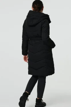 Longline Padded Tie Waist Hooded Coat