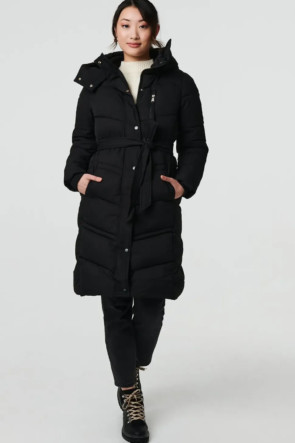 Longline Padded Tie Waist Hooded Coat