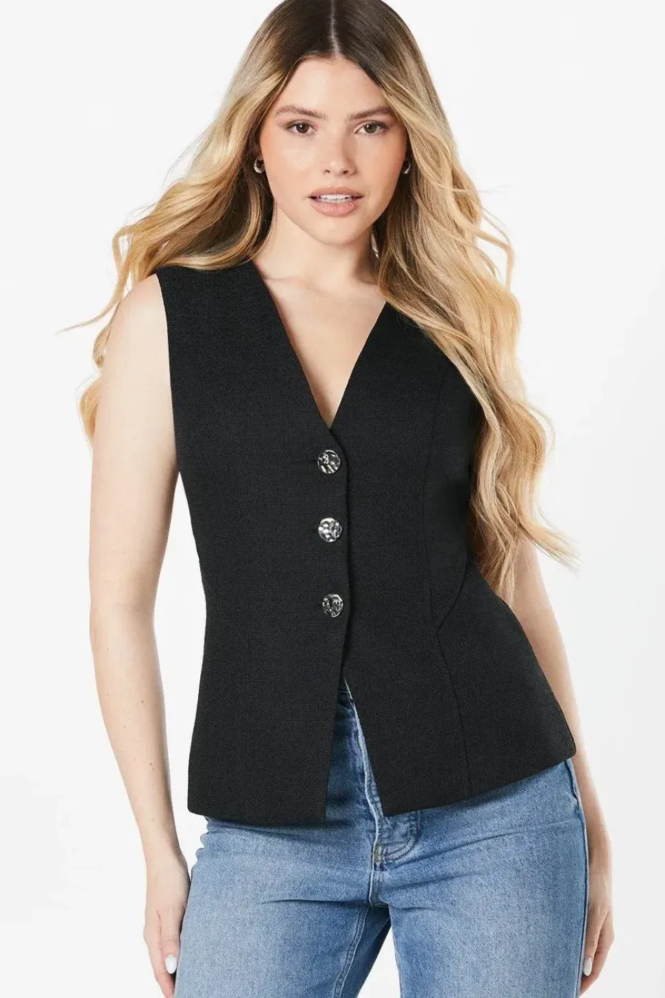 Longline Tailored Sleeveless Textured Blazer