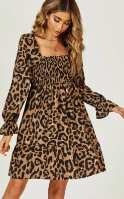 Long Puff Sleeve Mini Dress In Brown Leopard Print