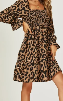 Long Puff Sleeve Mini Dress In Brown Leopard Print