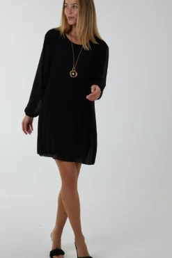Long Sleeeve Pleated Shift Dress