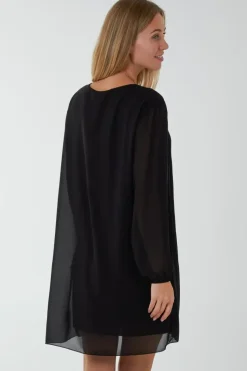 Long Sleeeve Pleated Shift Dress